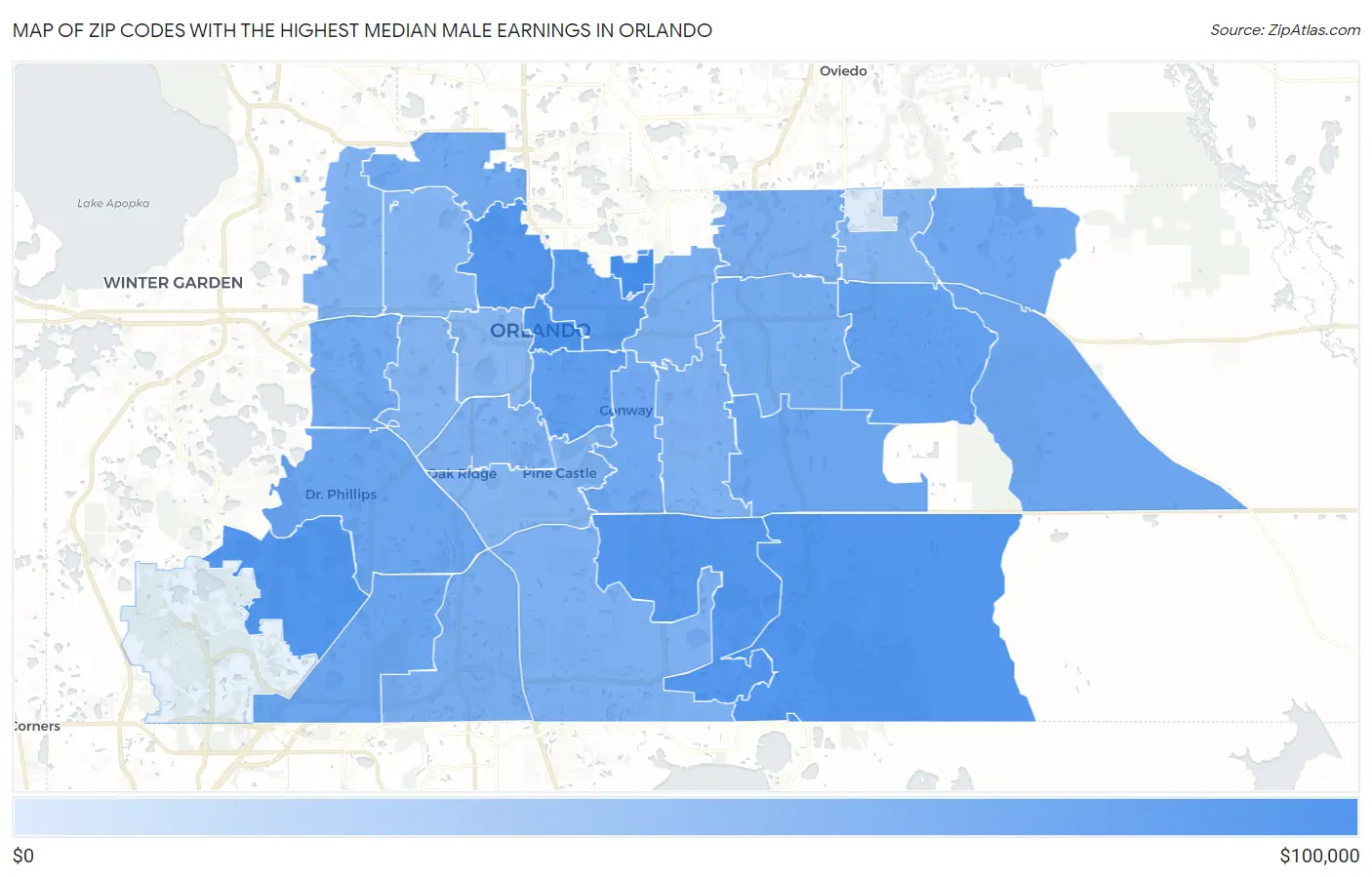 Zip Codes with the Highest Median Male Earnings in Orlando Map