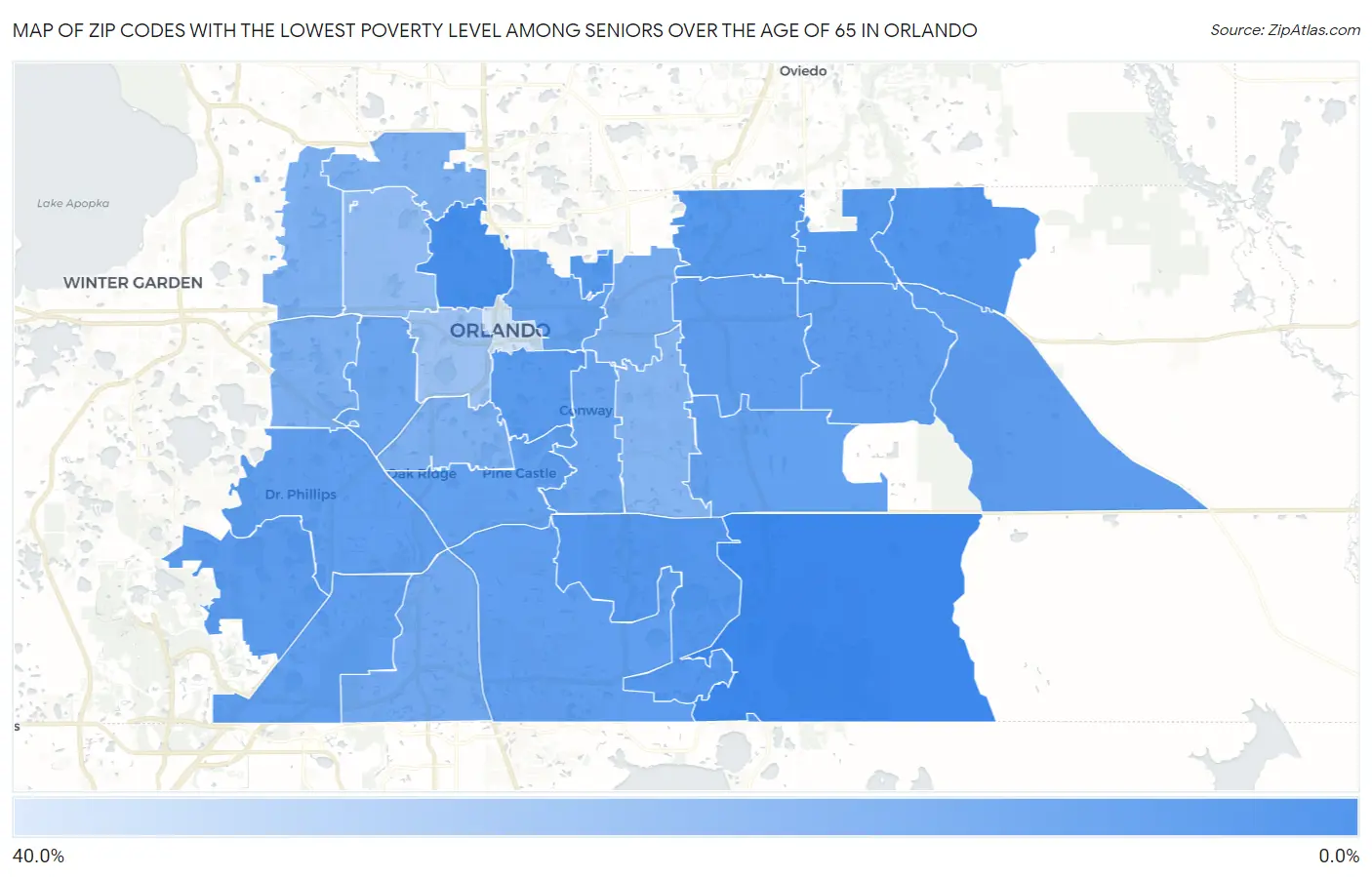 Zip Codes with the Lowest Poverty Level Among Seniors Over the Age of 65 in Orlando Map