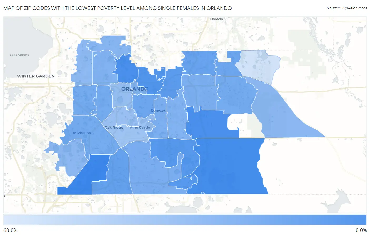 Zip Codes with the Lowest Poverty Level Among Single Females in Orlando Map