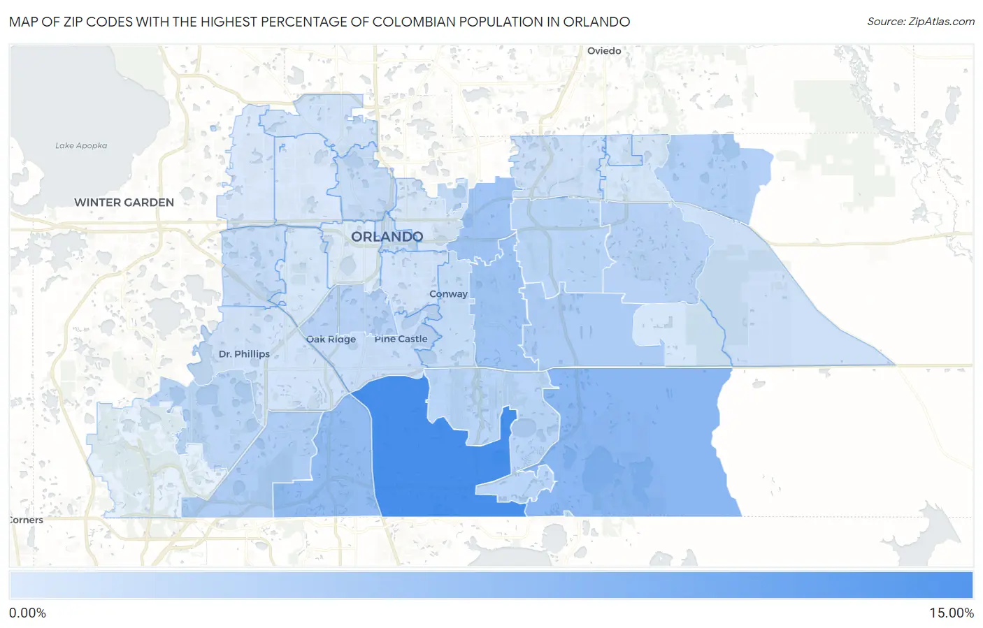 Zip Codes with the Highest Percentage of Colombian Population in Orlando Map