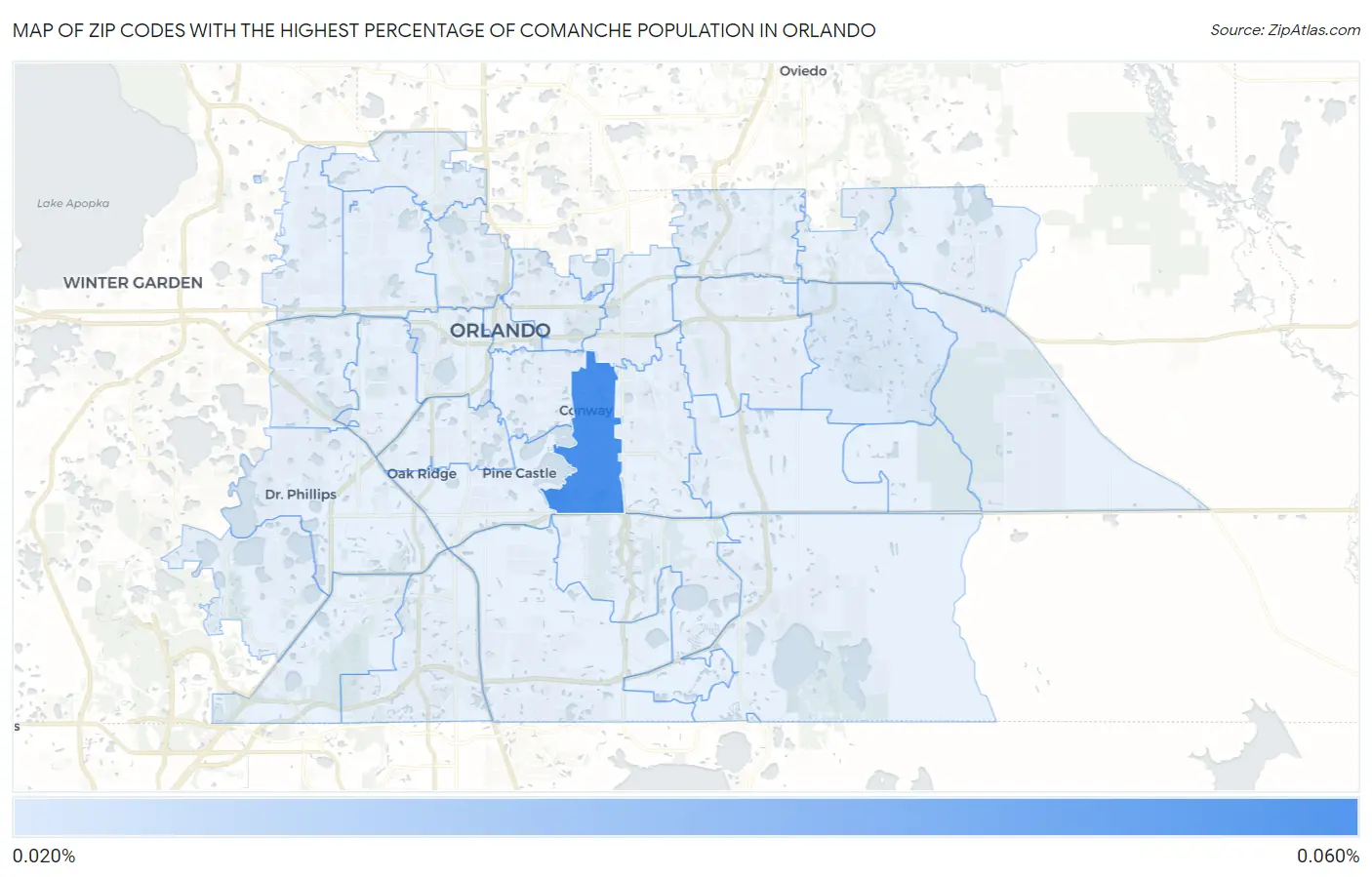 Zip Codes with the Highest Percentage of Comanche Population in Orlando Map