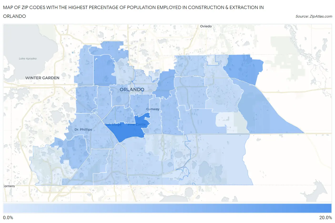 Zip Codes with the Highest Percentage of Population Employed in Construction & Extraction in Orlando Map