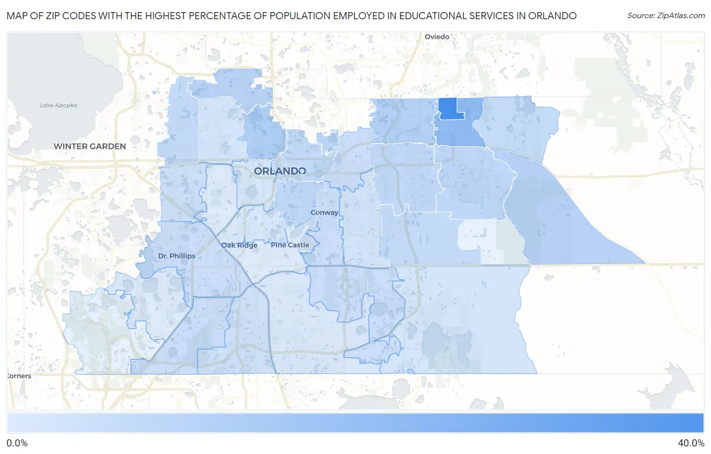 Zip Codes with the Highest Percentage of Population Employed in Educational Services in Orlando Map