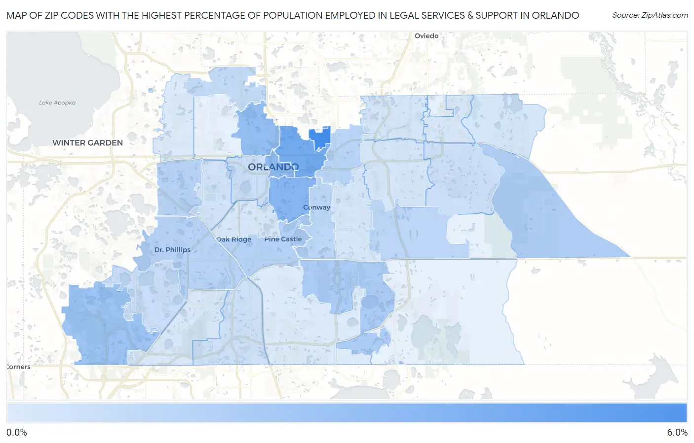 Zip Codes with the Highest Percentage of Population Employed in Legal Services & Support in Orlando Map