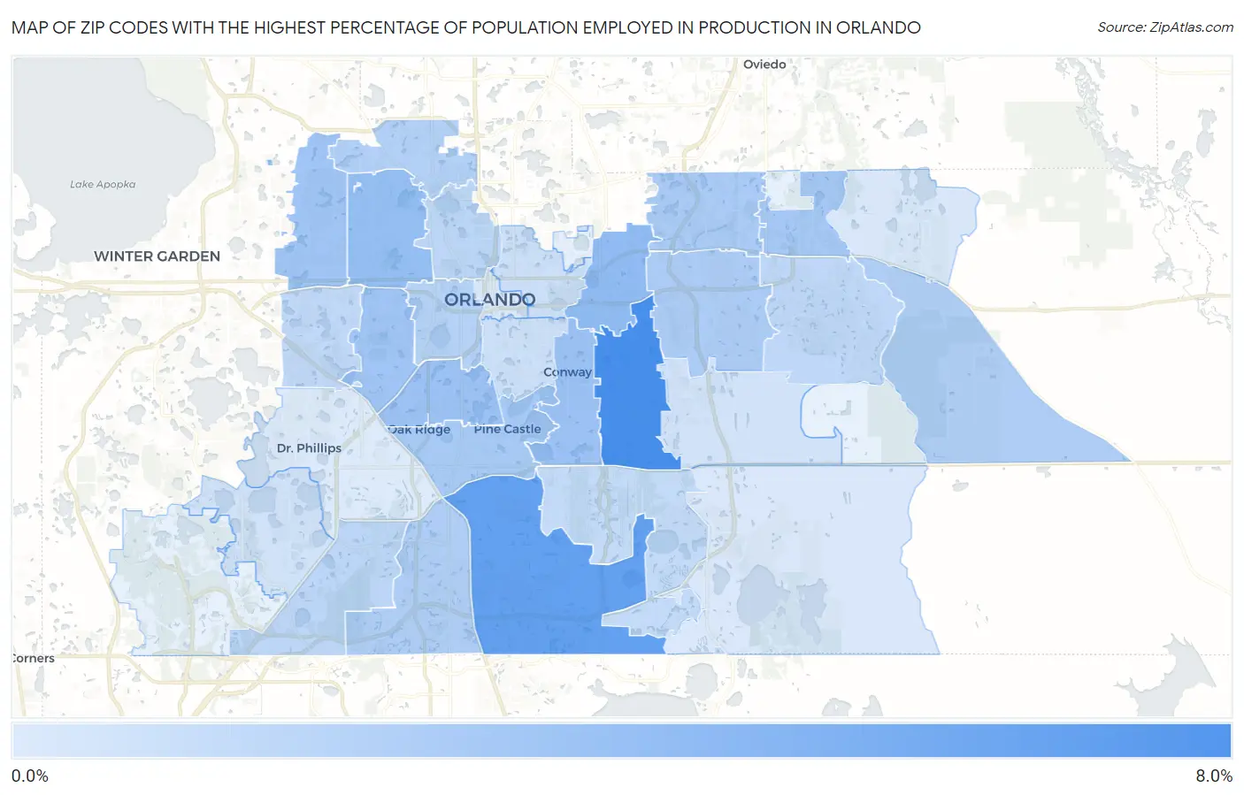 Zip Codes with the Highest Percentage of Population Employed in Production in Orlando Map