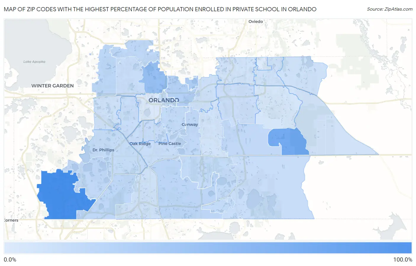 Zip Codes with the Highest Percentage of Population Enrolled in Private School in Orlando Map