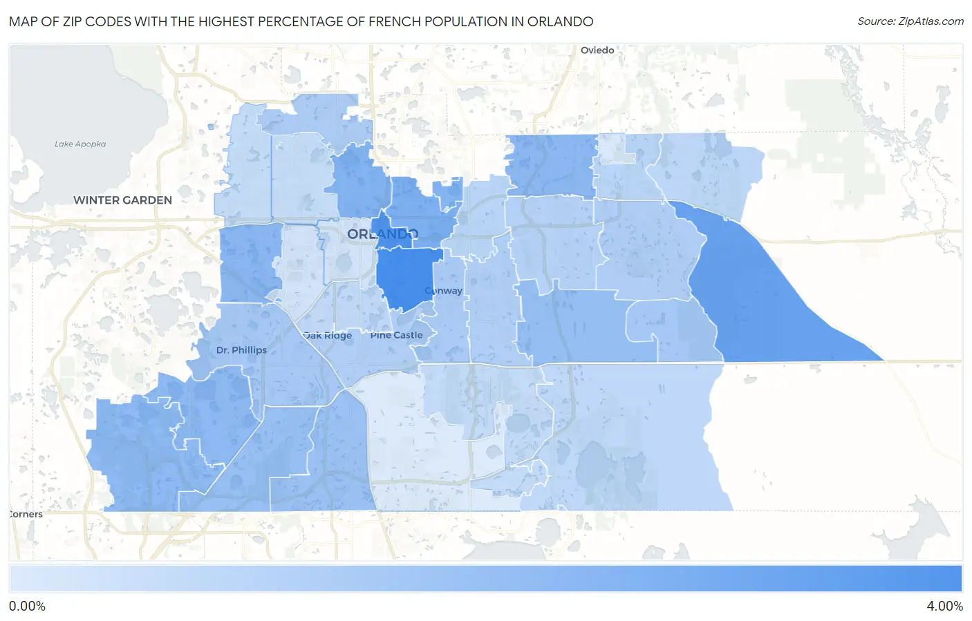 Zip Codes with the Highest Percentage of French Population in Orlando Map