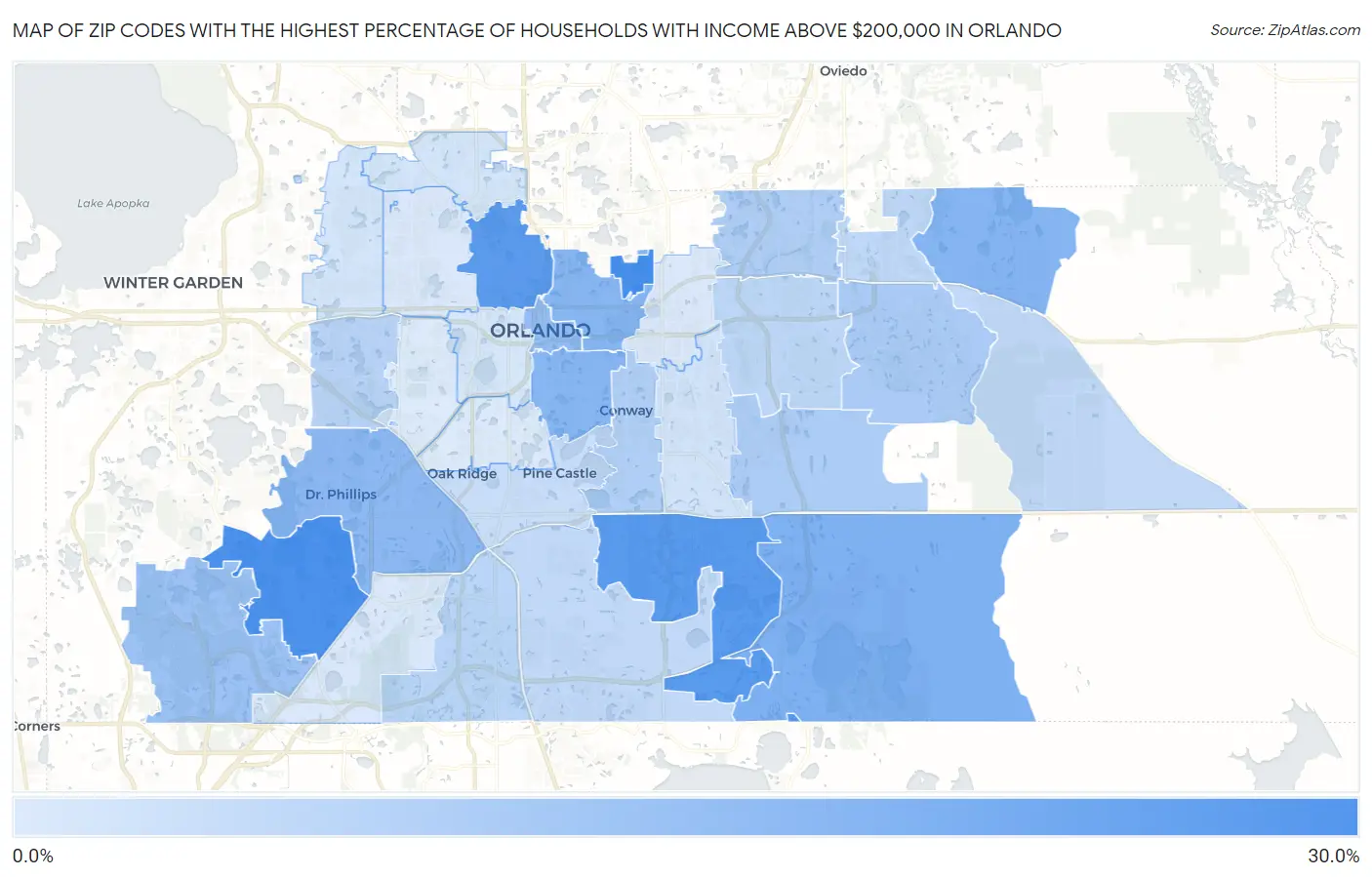 Zip Codes with the Highest Percentage of Households with Income Above $200,000 in Orlando Map