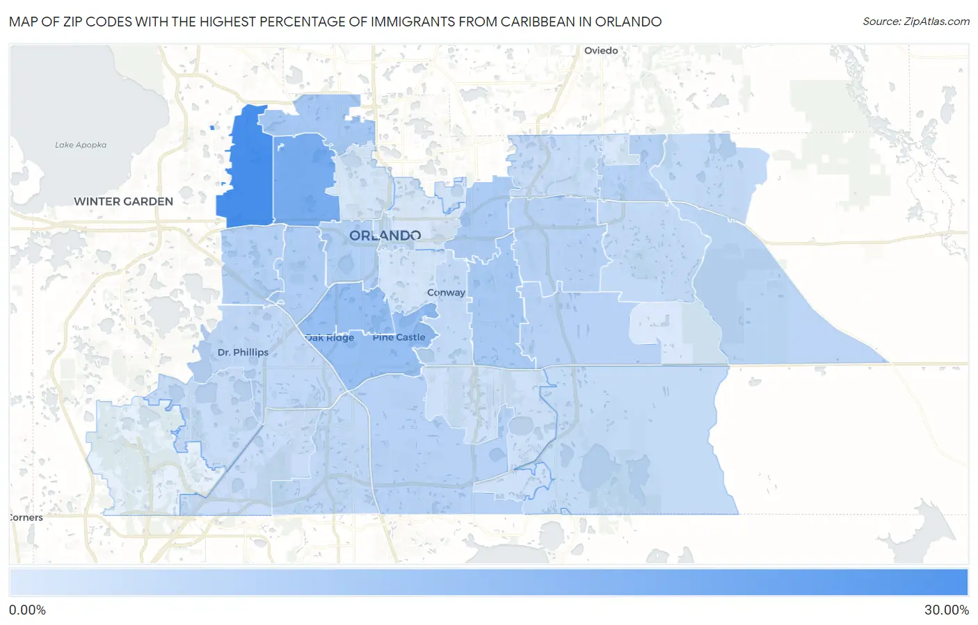 Zip Codes with the Highest Percentage of Immigrants from Caribbean in Orlando Map