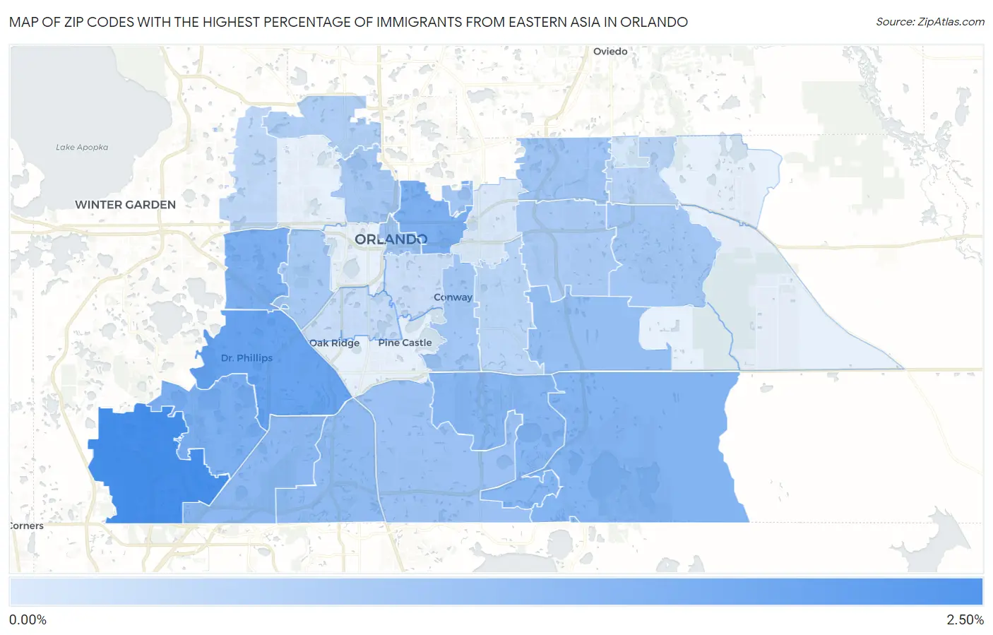 Zip Codes with the Highest Percentage of Immigrants from Eastern Asia in Orlando Map