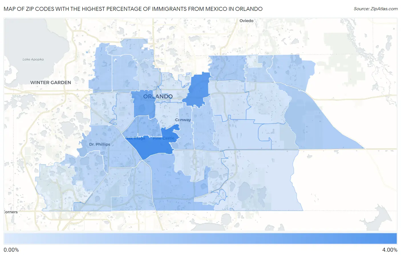 Zip Codes with the Highest Percentage of Immigrants from Mexico in Orlando Map