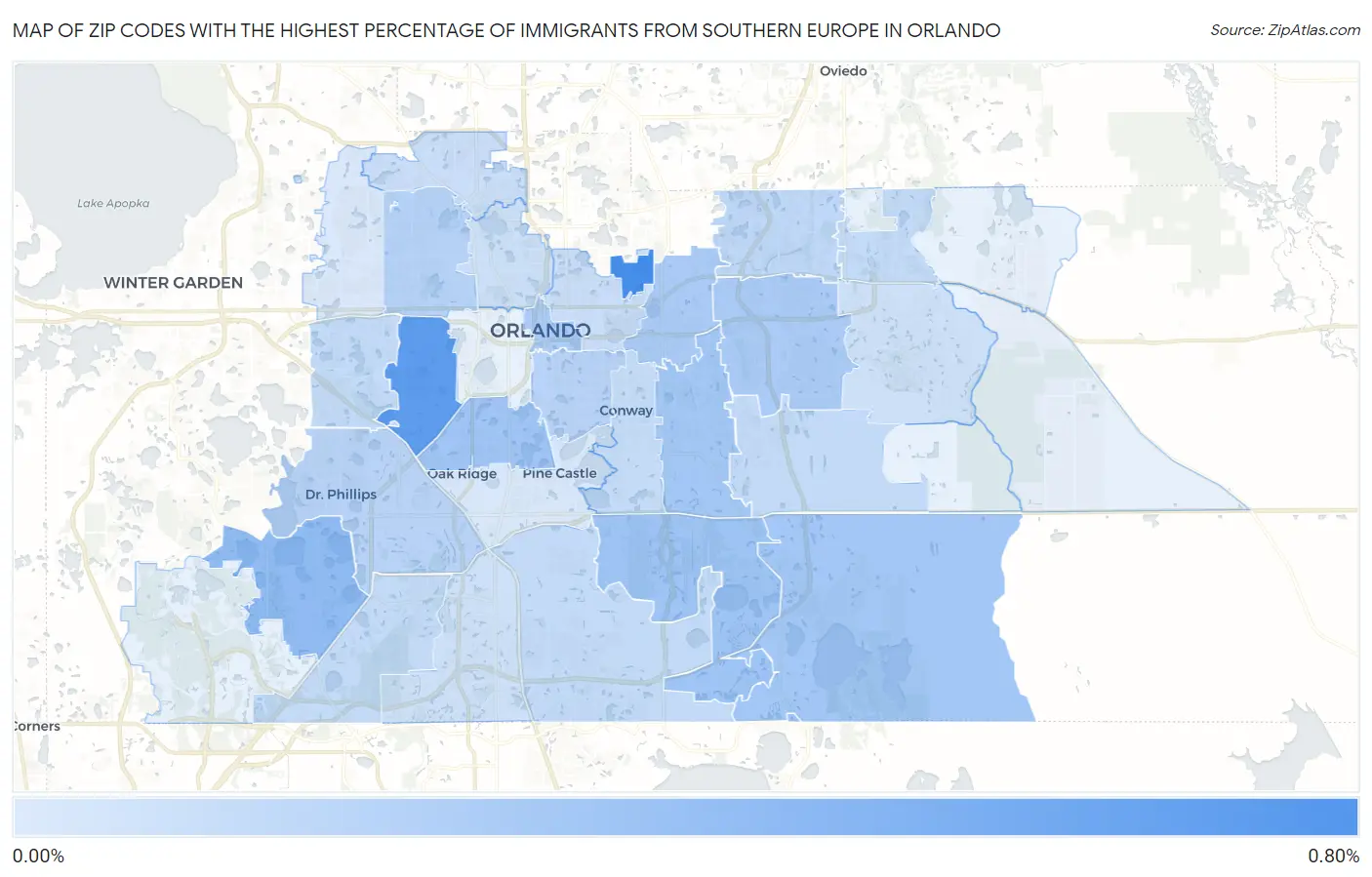 Zip Codes with the Highest Percentage of Immigrants from Southern Europe in Orlando Map