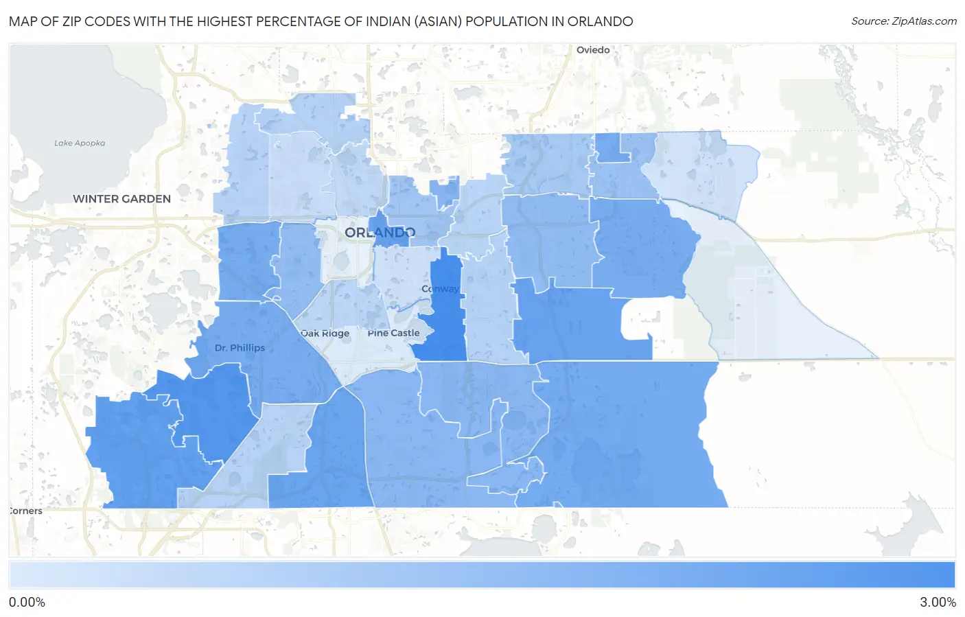 Zip Codes with the Highest Percentage of Indian (Asian) Population in Orlando Map