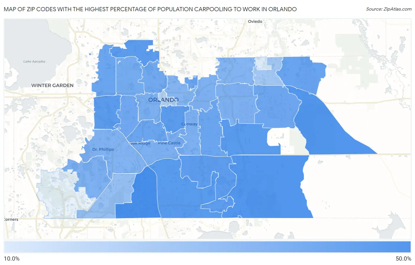 Zip Codes with the Highest Percentage of Population Carpooling to Work in Orlando Map