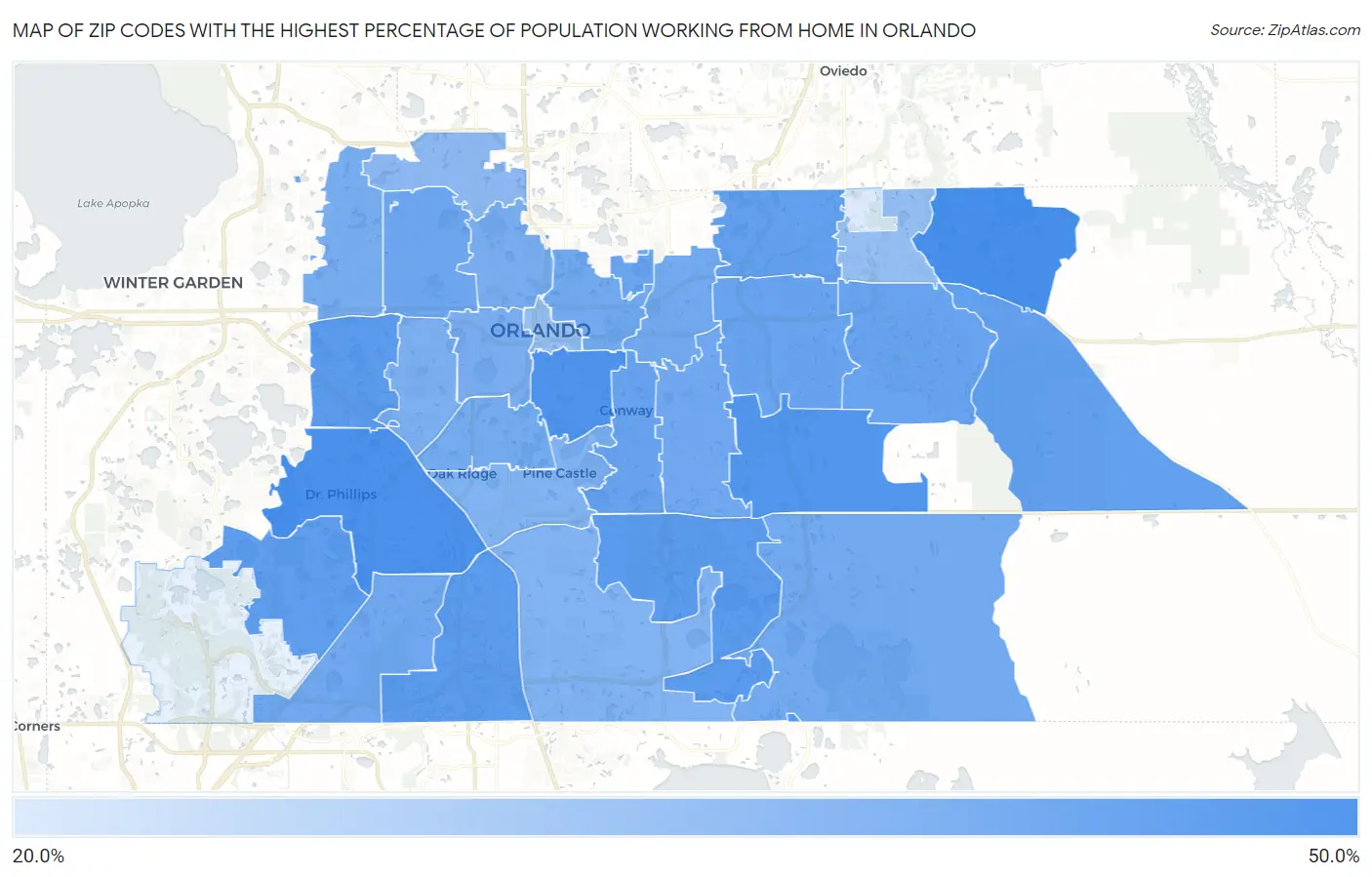 Zip Codes with the Highest Percentage of Population Working from Home in Orlando Map