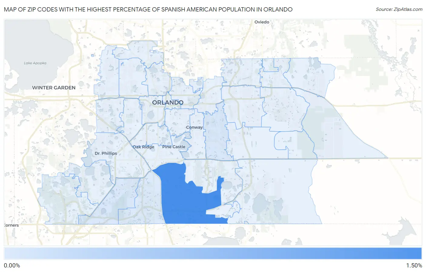 Zip Codes with the Highest Percentage of Spanish American Population in Orlando Map