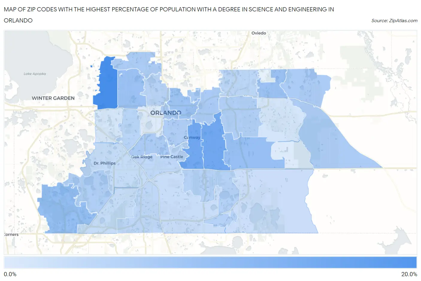 Zip Codes with the Highest Percentage of Population with a Degree in Science and Engineering in Orlando Map