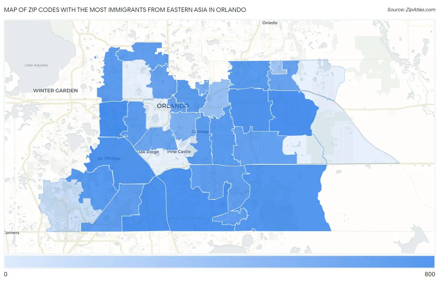Zip Codes with the Most Immigrants from Eastern Asia in Orlando Map