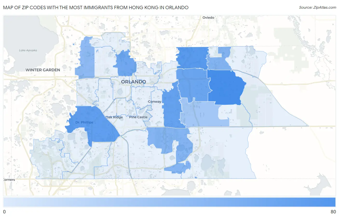 Zip Codes with the Most Immigrants from Hong Kong in Orlando Map