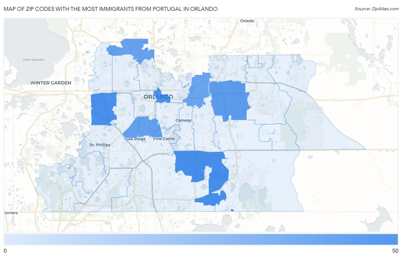 Zip Codes with the Most Immigrants from Portugal in Orlando Map