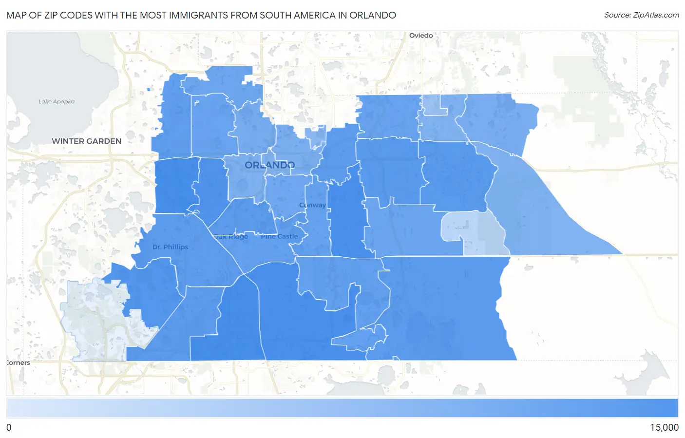 Zip Codes with the Most Immigrants from South America in Orlando Map