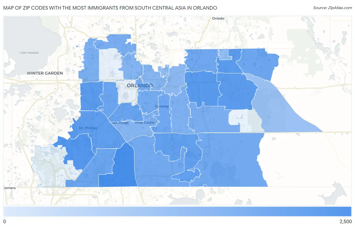 Zip Codes with the Most Immigrants from South Central Asia in Orlando Map