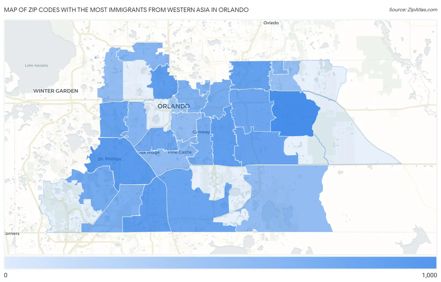 Zip Codes with the Most Immigrants from Western Asia in Orlando Map