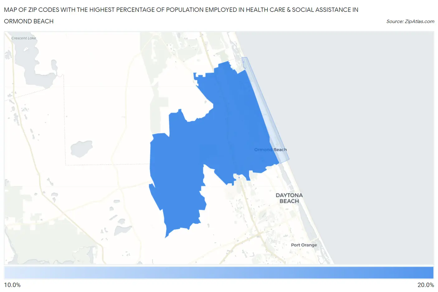 Zip Codes with the Highest Percentage of Population Employed in Health Care & Social Assistance in Ormond Beach Map