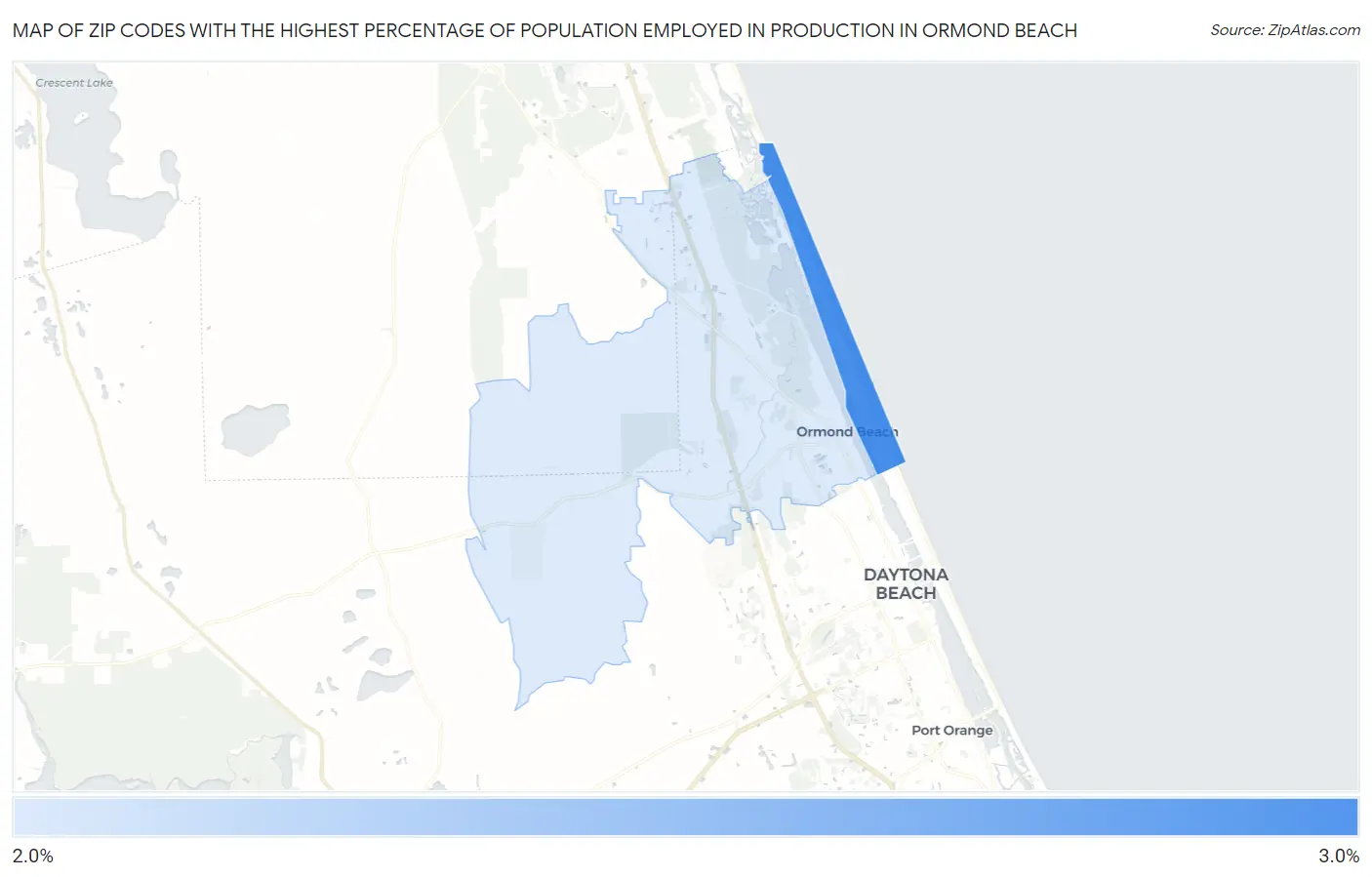 Zip Codes with the Highest Percentage of Population Employed in Production in Ormond Beach Map