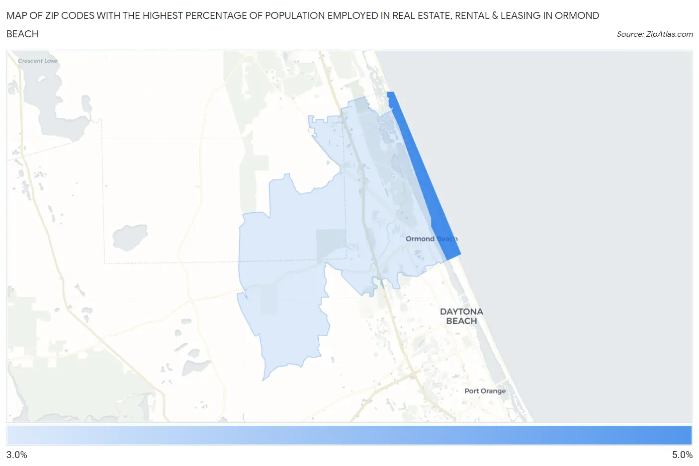 Zip Codes with the Highest Percentage of Population Employed in Real Estate, Rental & Leasing in Ormond Beach Map