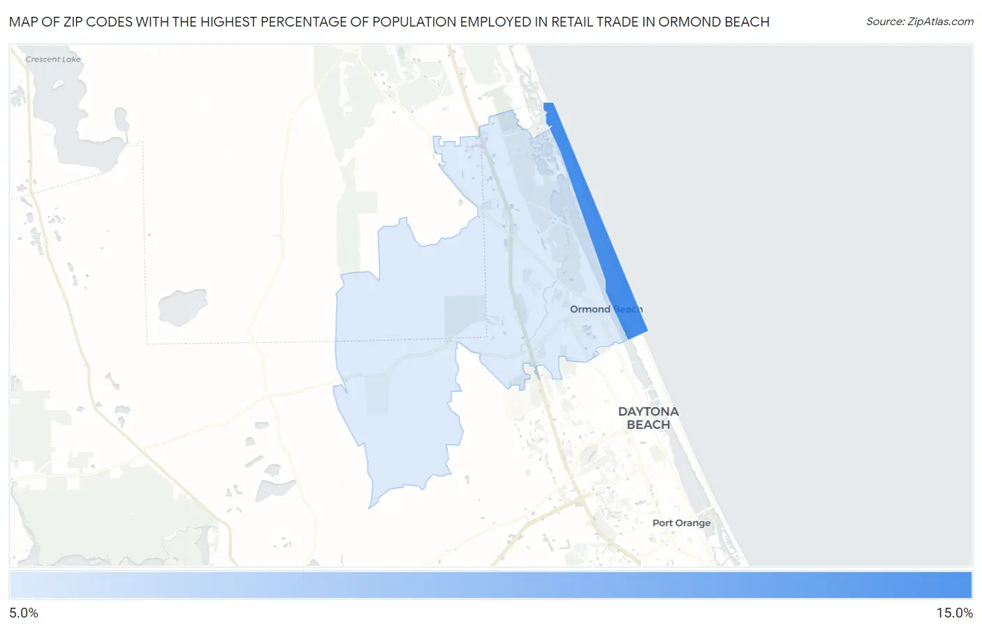 Zip Codes with the Highest Percentage of Population Employed in Retail Trade in Ormond Beach Map