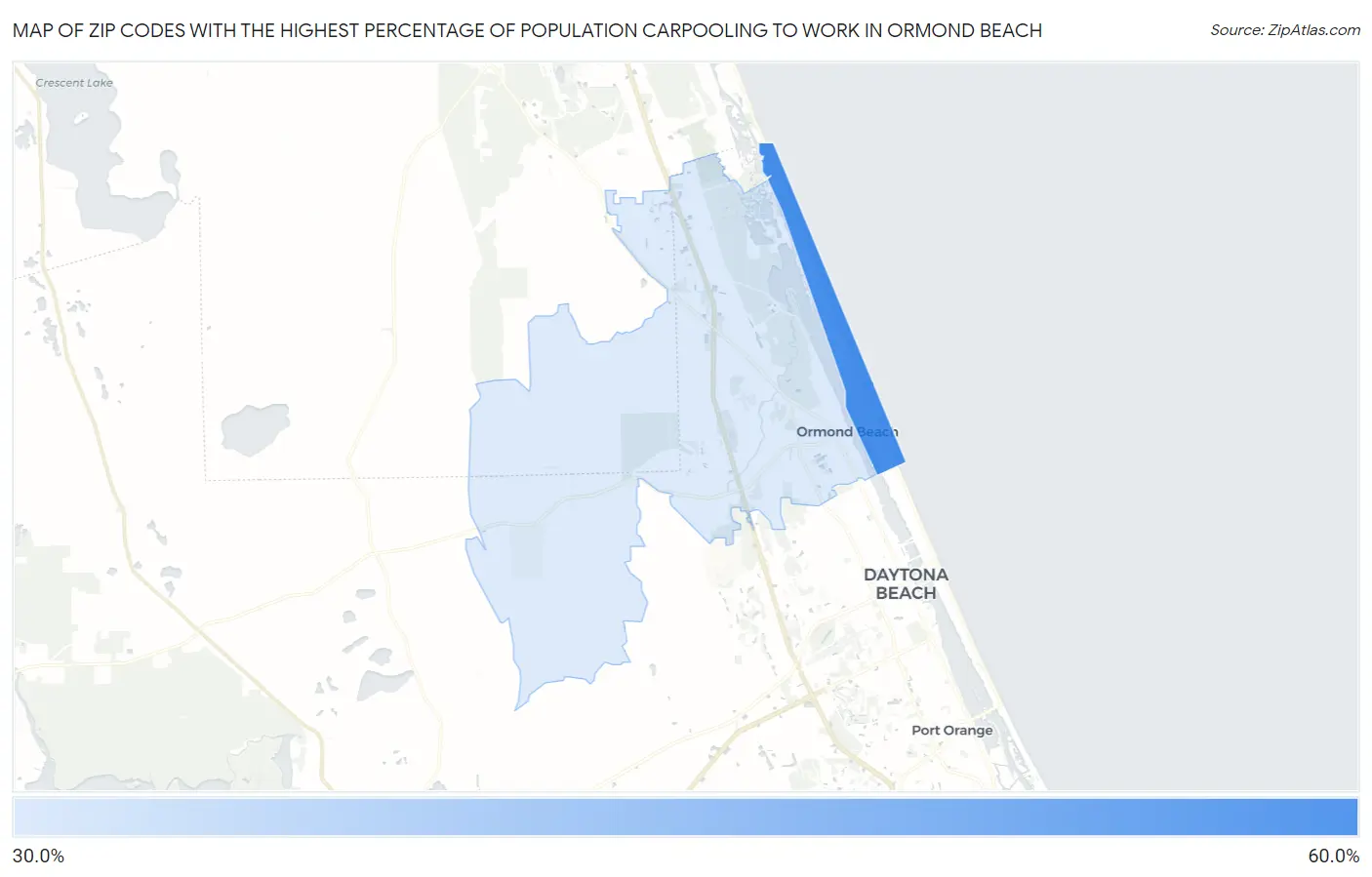Zip Codes with the Highest Percentage of Population Carpooling to Work in Ormond Beach Map