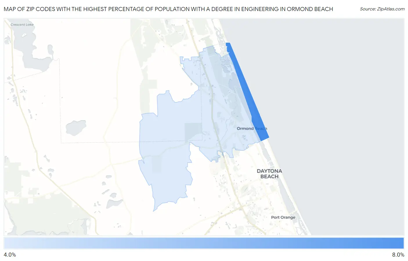 Zip Codes with the Highest Percentage of Population with a Degree in Engineering in Ormond Beach Map