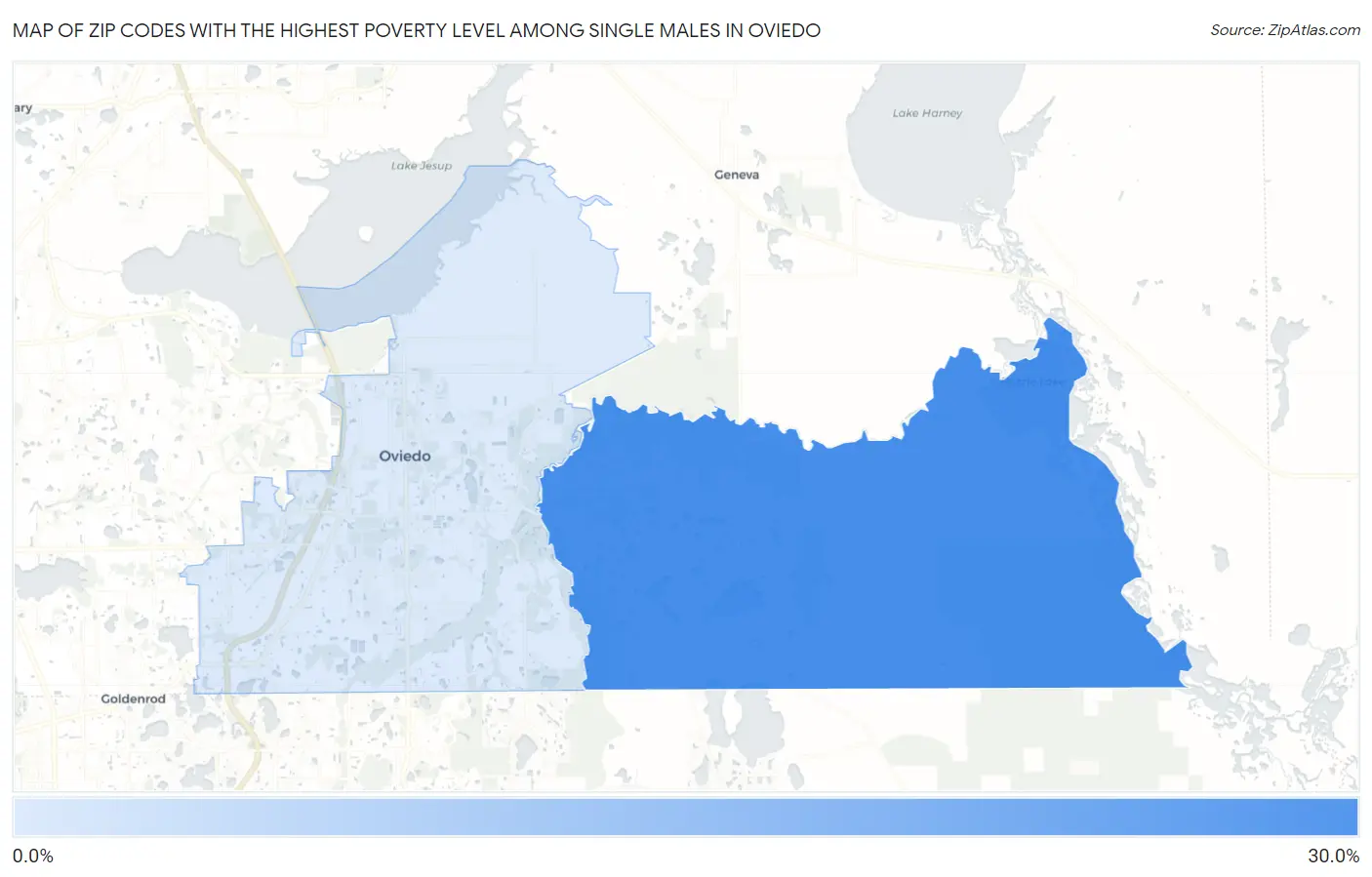 Zip Codes with the Highest Poverty Level Among Single Males in Oviedo Map