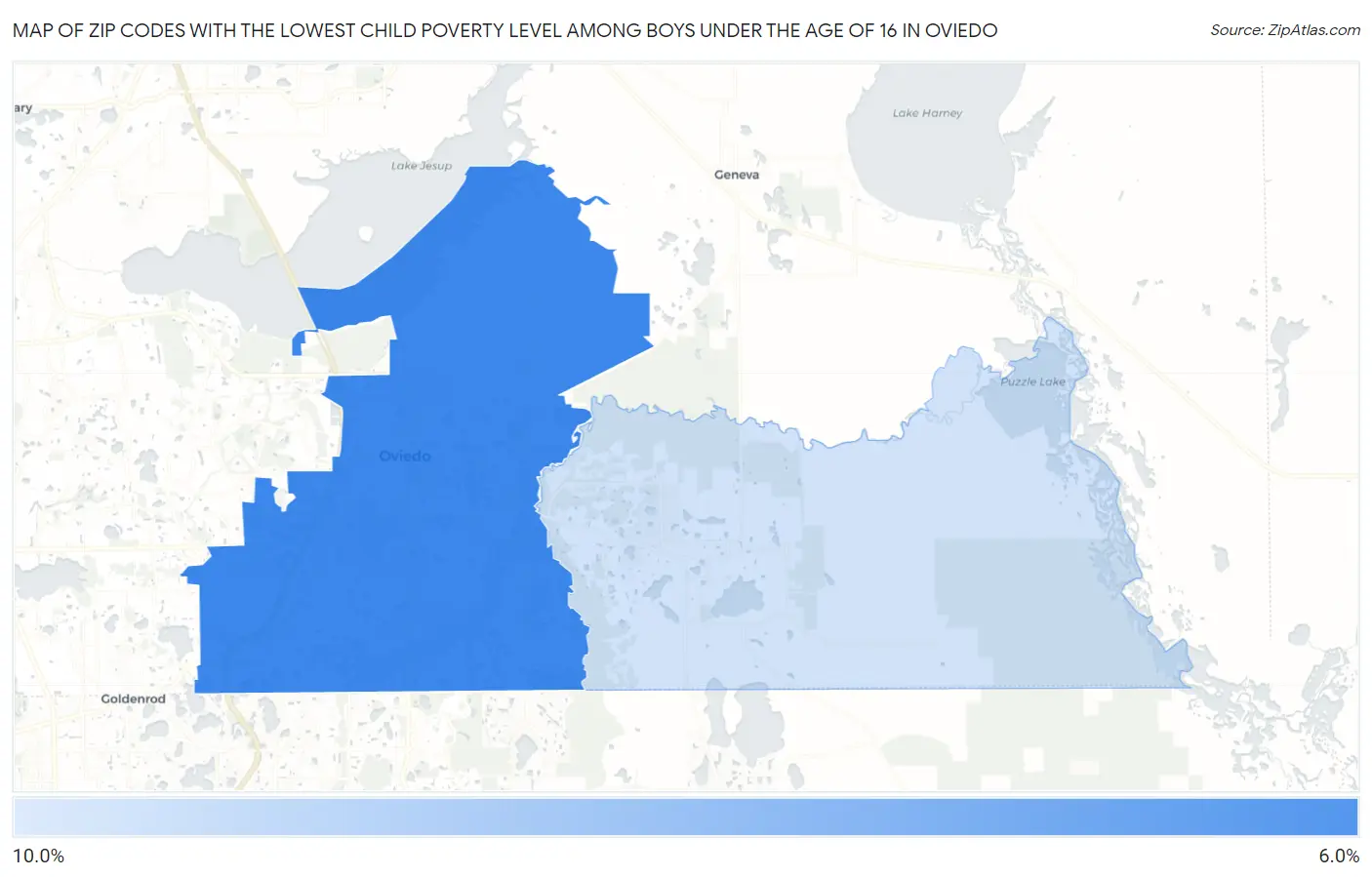 Zip Codes with the Lowest Child Poverty Level Among Boys Under the Age of 16 in Oviedo Map