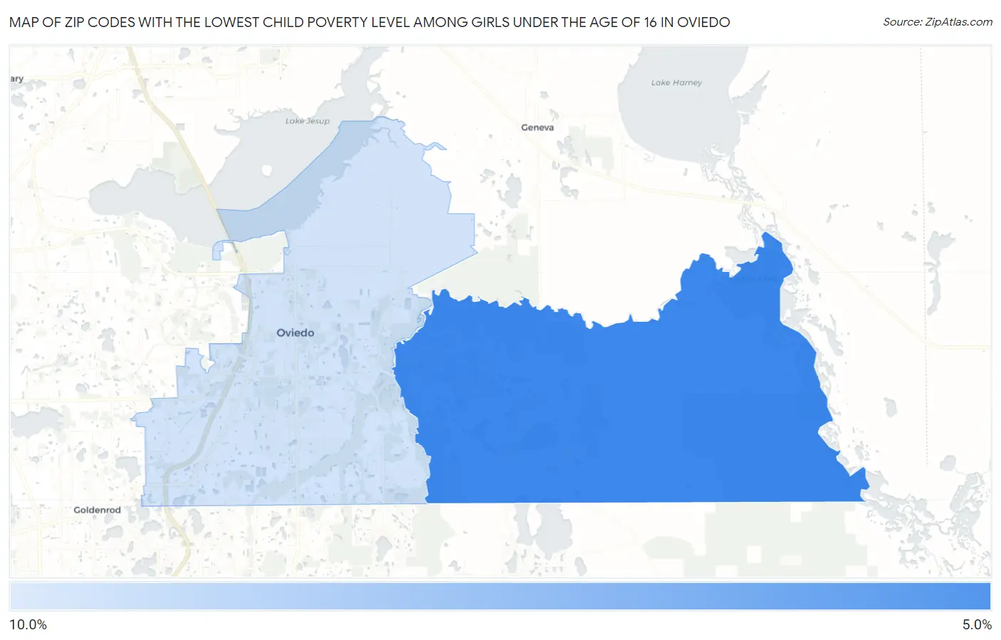 Zip Codes with the Lowest Child Poverty Level Among Girls Under the Age of 16 in Oviedo Map
