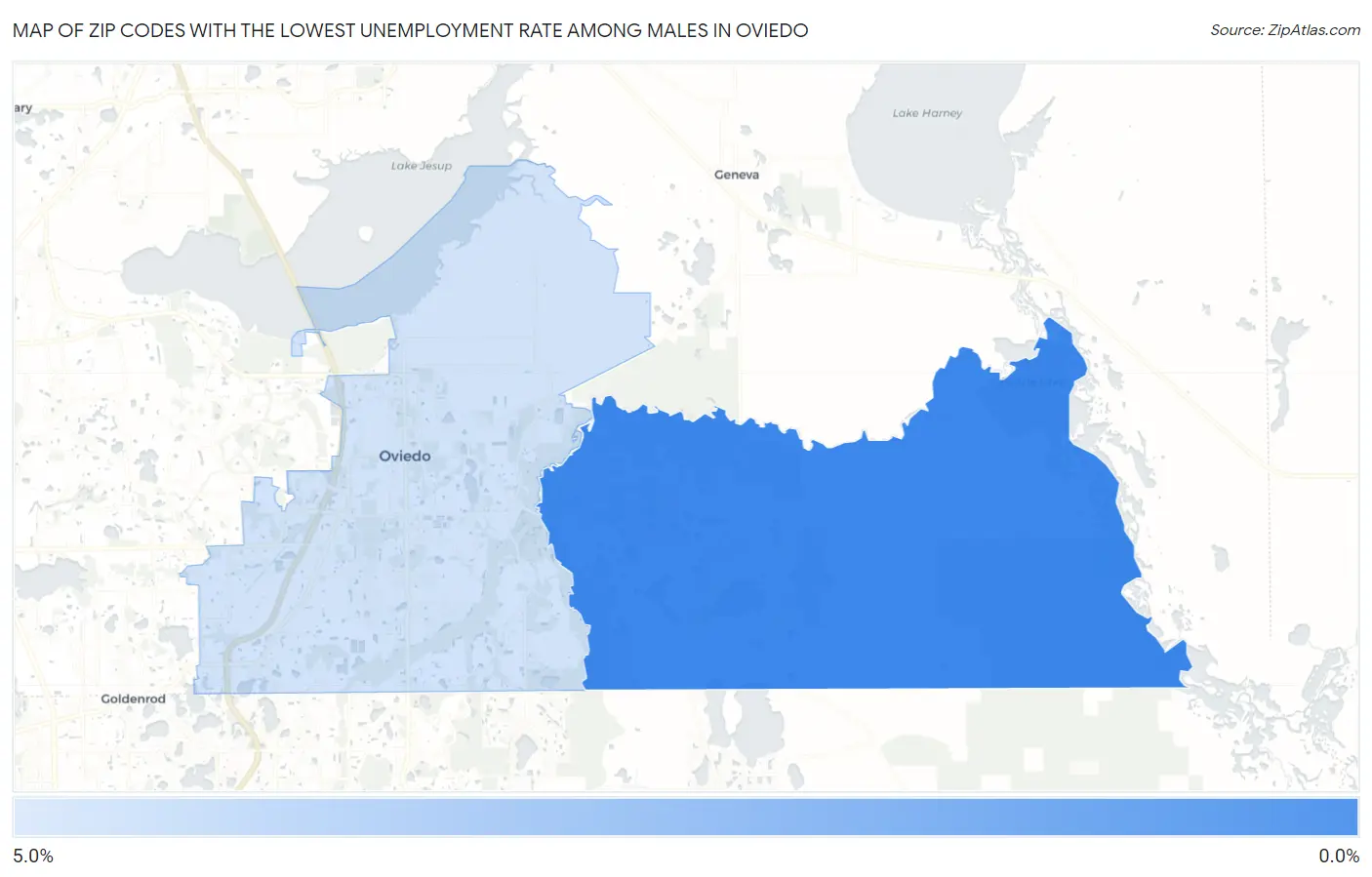 Zip Codes with the Lowest Unemployment Rate Among Males in Oviedo Map