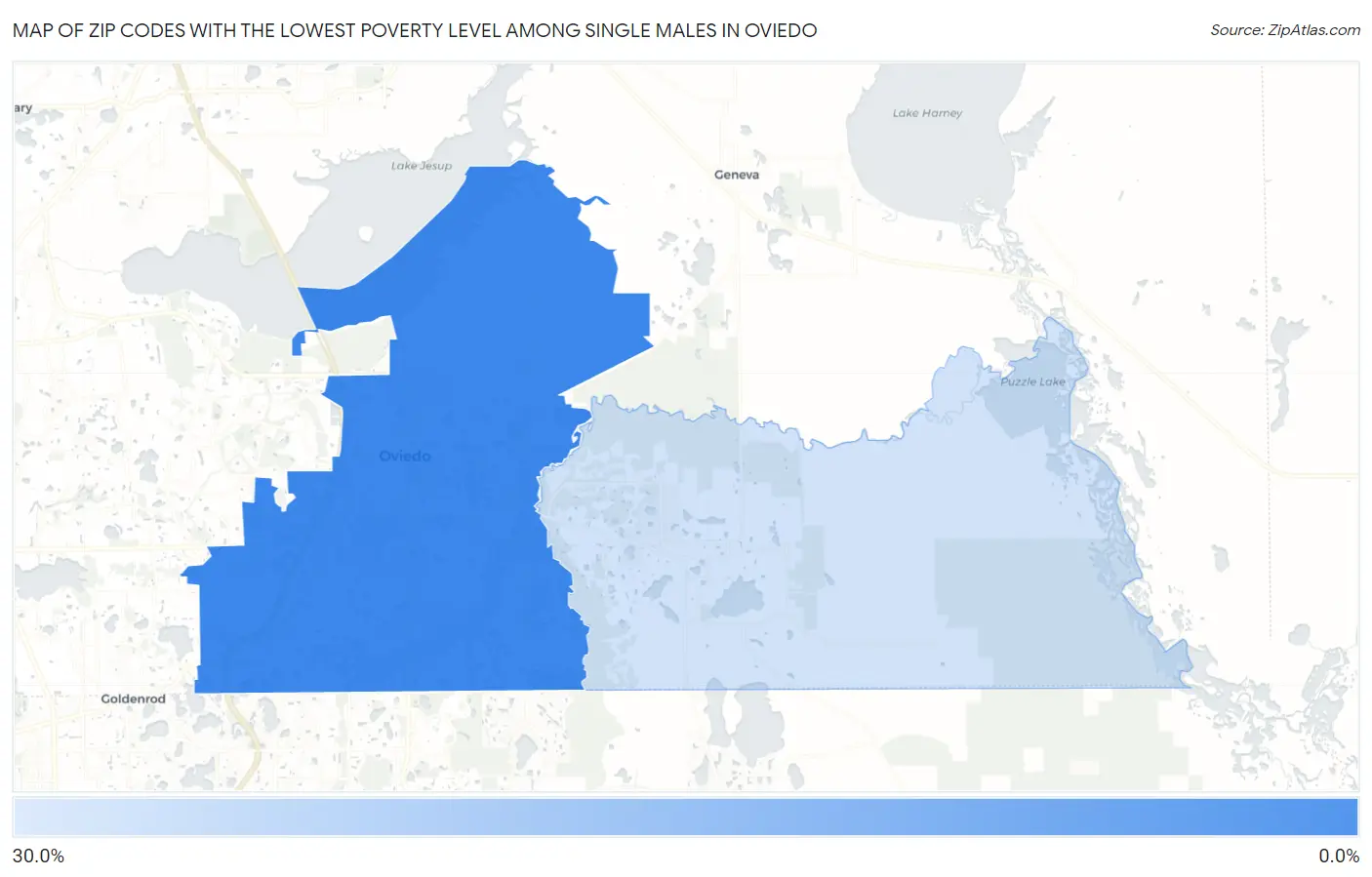 Zip Codes with the Lowest Poverty Level Among Single Males in Oviedo Map