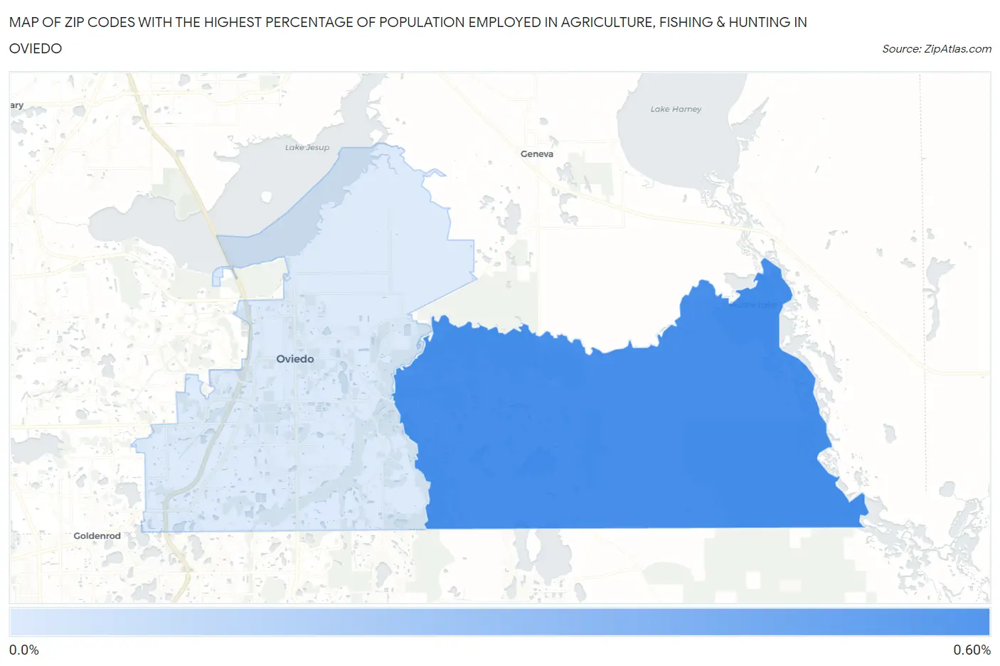 Zip Codes with the Highest Percentage of Population Employed in Agriculture, Fishing & Hunting in Oviedo Map