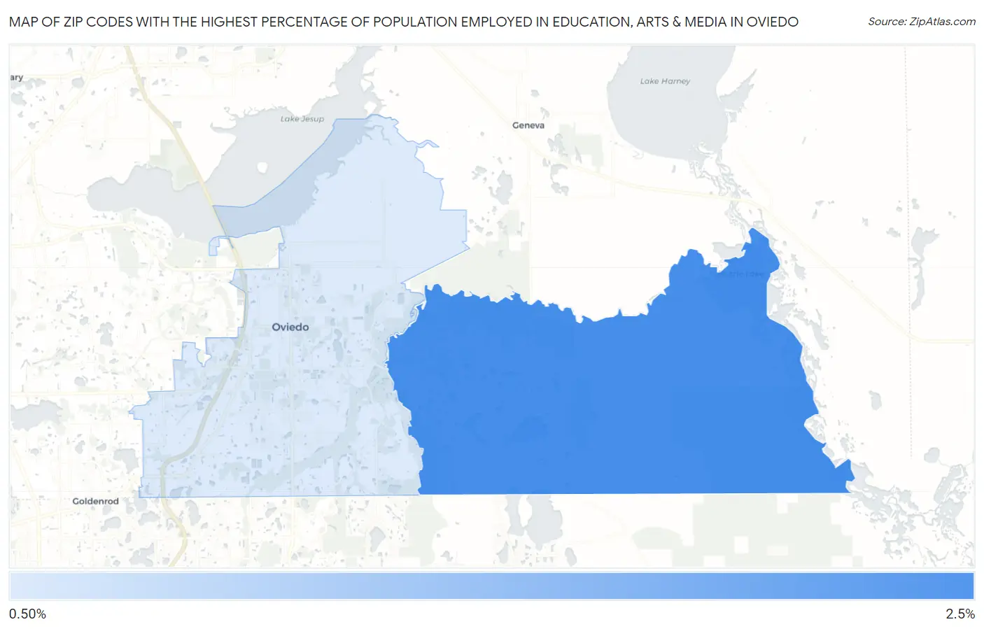 Zip Codes with the Highest Percentage of Population Employed in Education, Arts & Media in Oviedo Map