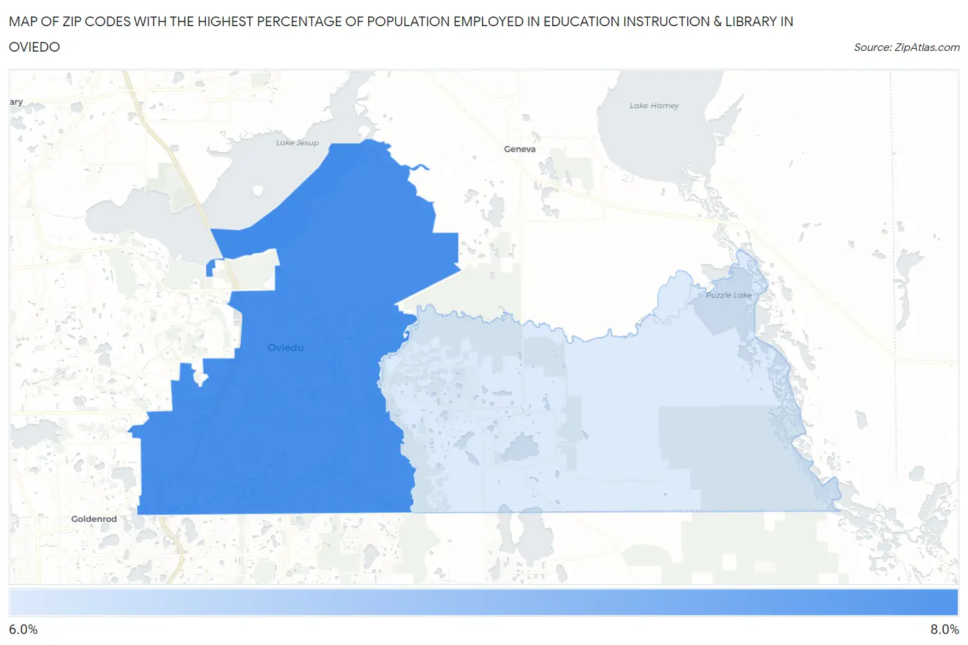 Zip Codes with the Highest Percentage of Population Employed in Education Instruction & Library in Oviedo Map