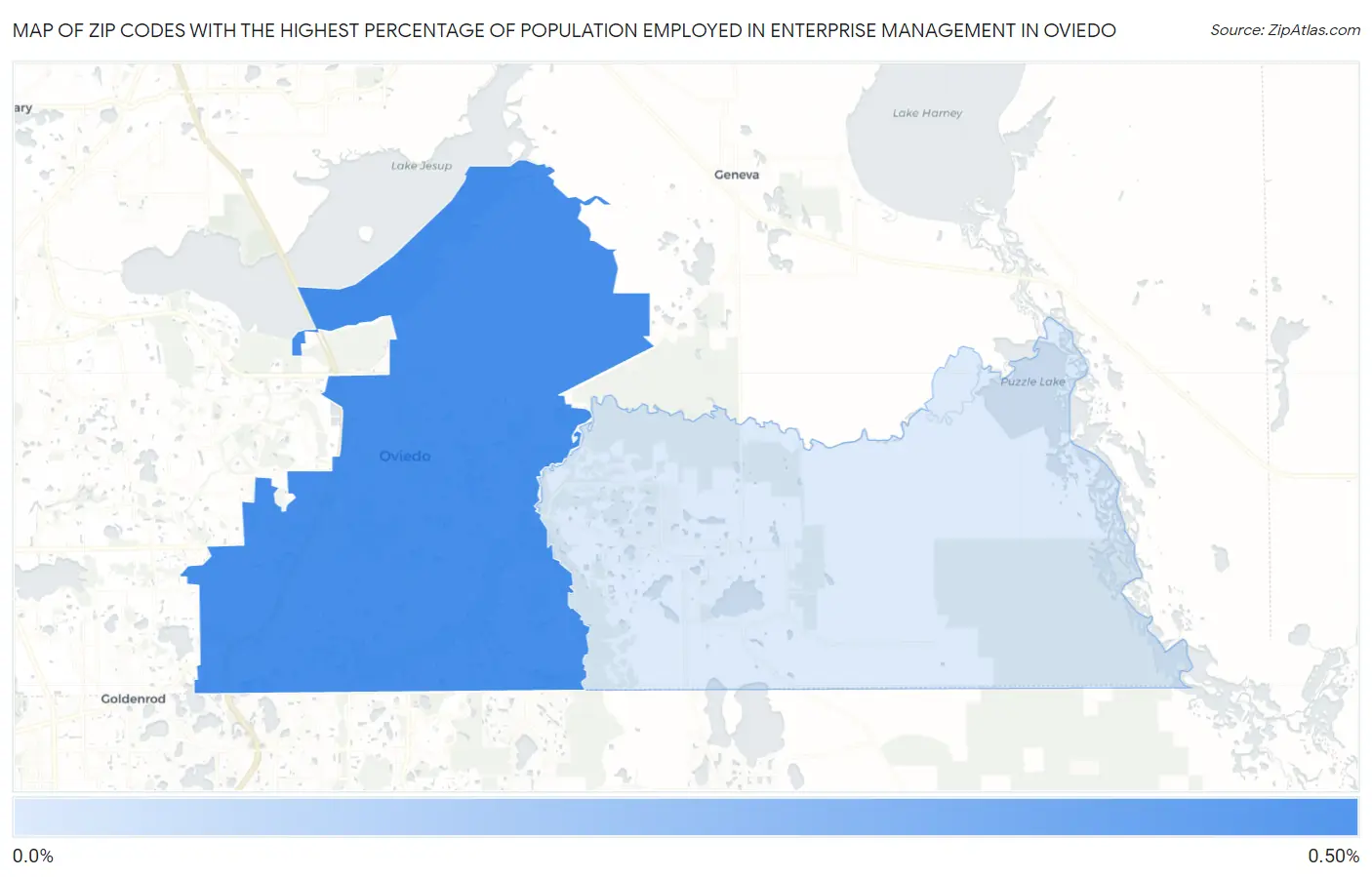 Zip Codes with the Highest Percentage of Population Employed in Enterprise Management in Oviedo Map