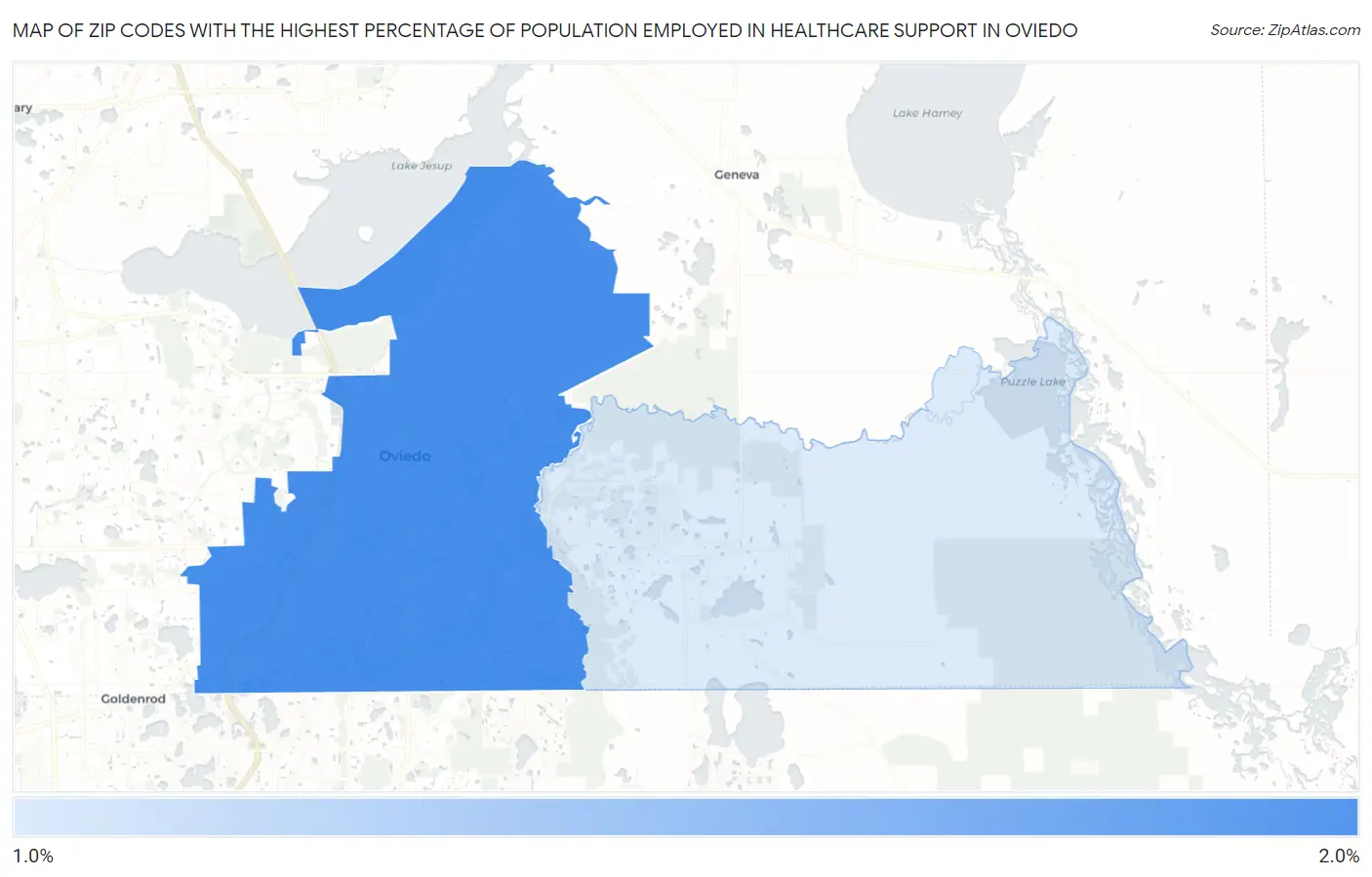 Zip Codes with the Highest Percentage of Population Employed in Healthcare Support in Oviedo Map