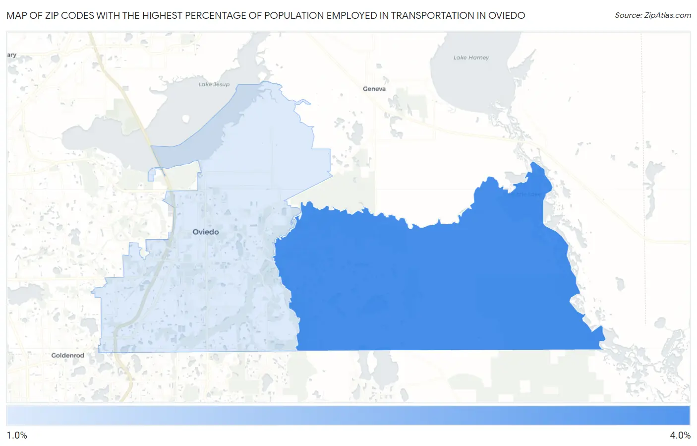 Zip Codes with the Highest Percentage of Population Employed in Transportation in Oviedo Map