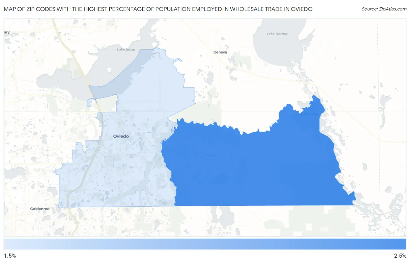 Zip Codes with the Highest Percentage of Population Employed in Wholesale Trade in Oviedo Map