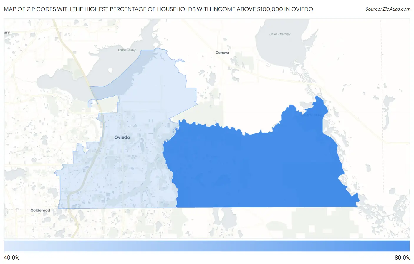 Zip Codes with the Highest Percentage of Households with Income Above $100,000 in Oviedo Map