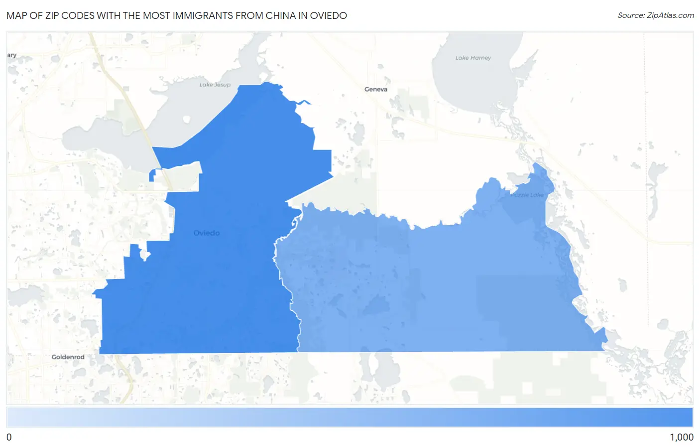 Zip Codes with the Most Immigrants from China in Oviedo Map