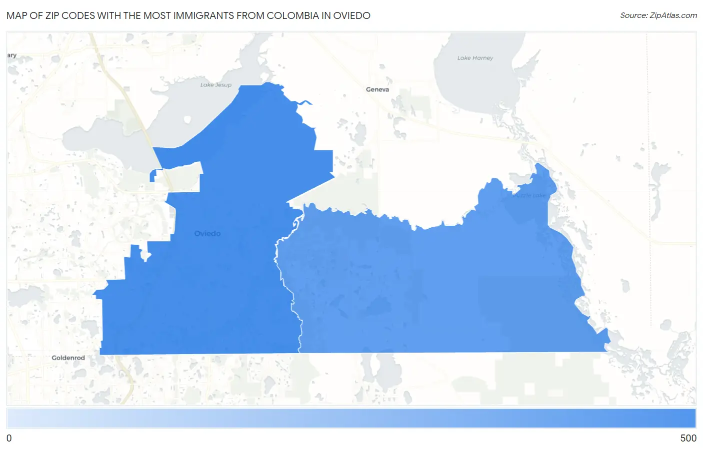Zip Codes with the Most Immigrants from Colombia in Oviedo Map