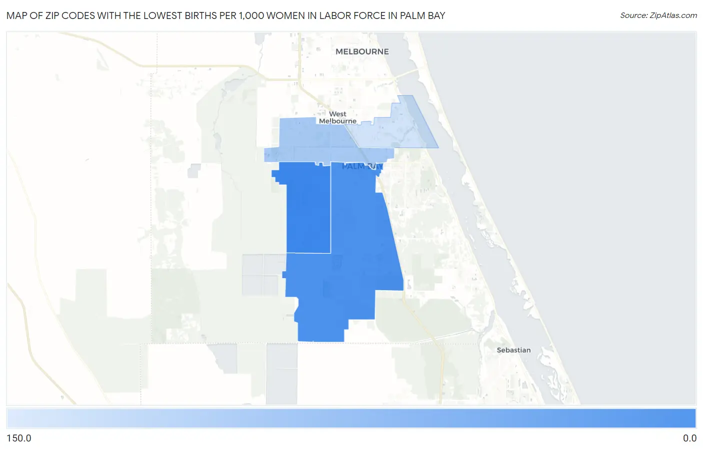 Zip Codes with the Lowest Births per 1,000 Women in Labor Force in Palm Bay Map