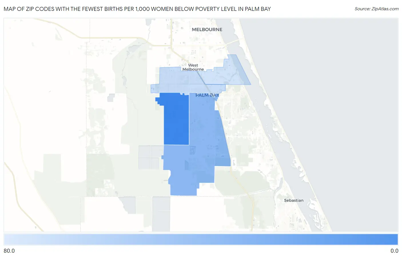 Zip Codes with the Fewest Births per 1,000 Women Below Poverty Level in Palm Bay Map